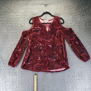 Vintage America Top Womens XL Red Floral Velvet Cold Shoulder Blouse